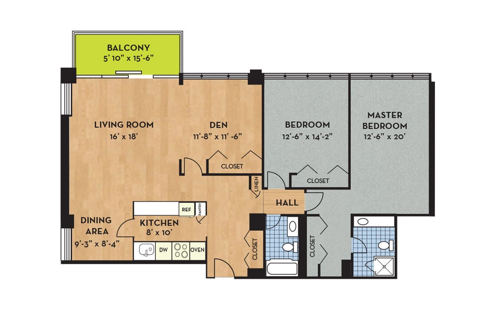 Apartment D - 2 bedroom floorplan layout with 2 baths and 1452 square feet.