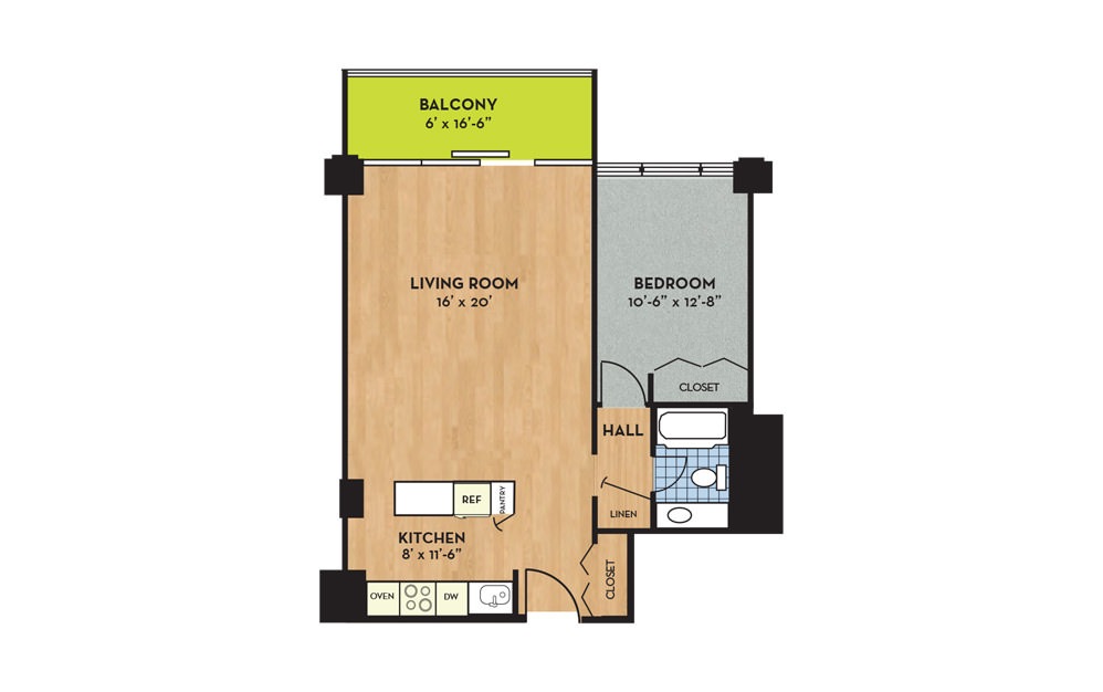 Apartment F - 1 bedroom floorplan layout with 1 bath and 702 square feet.