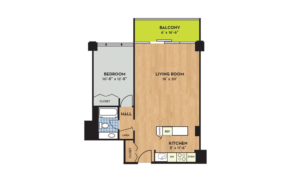 Apartment G - 1 bedroom floorplan layout with 1 bath and 703 square feet.