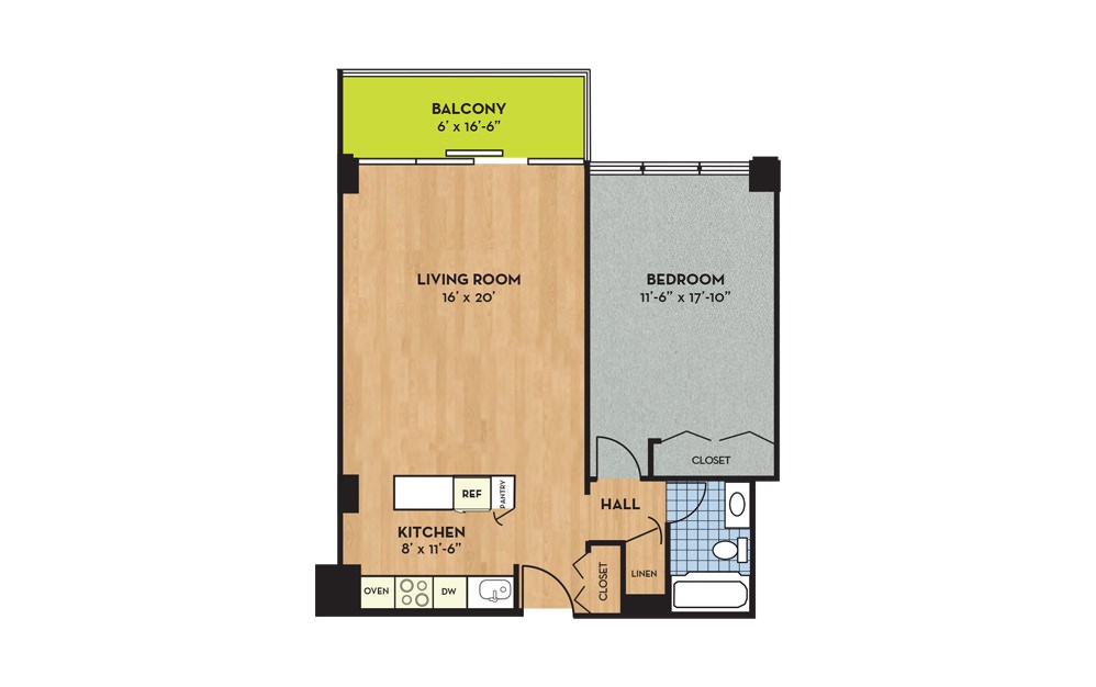 Apartment H - 1 bedroom floorplan layout with 1 bath and 773 square feet.