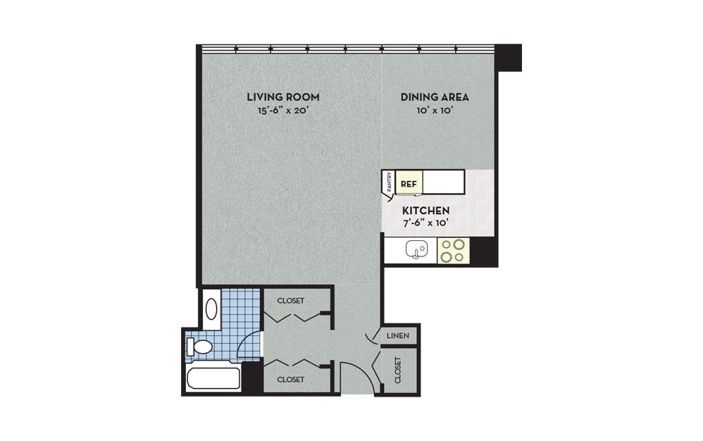 Apartment J - Studio floorplan layout with 1 bath and 635 square feet.