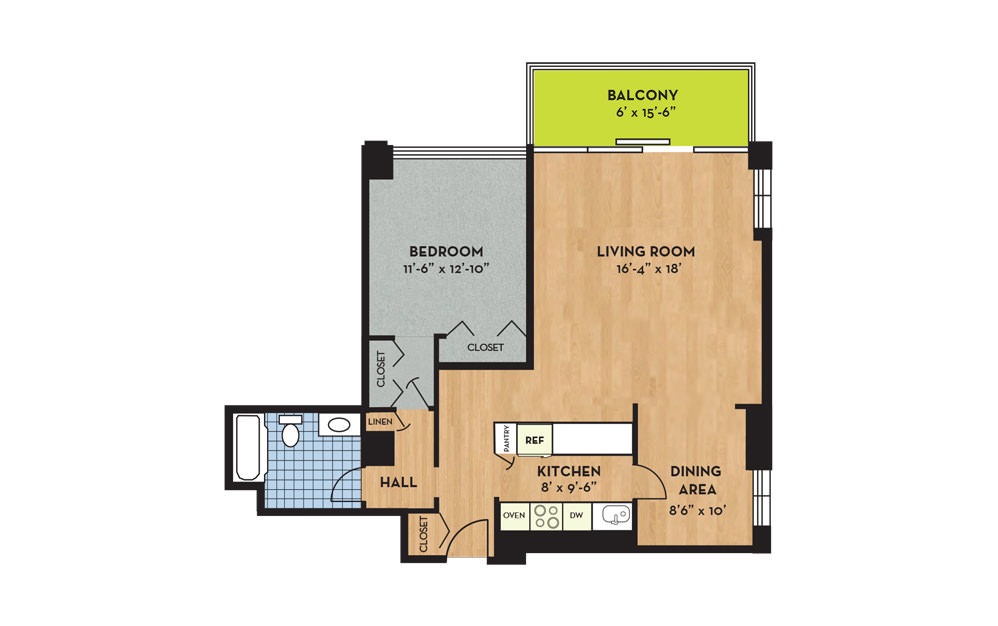 Apartment K - 1 bedroom floorplan layout with 1 bath and 881 square feet.