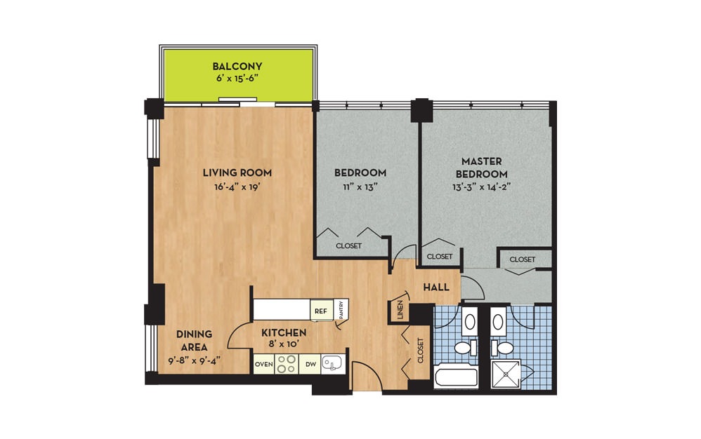 Apartment L - 2 bedroom floorplan layout with 2 baths and 1198 square feet.