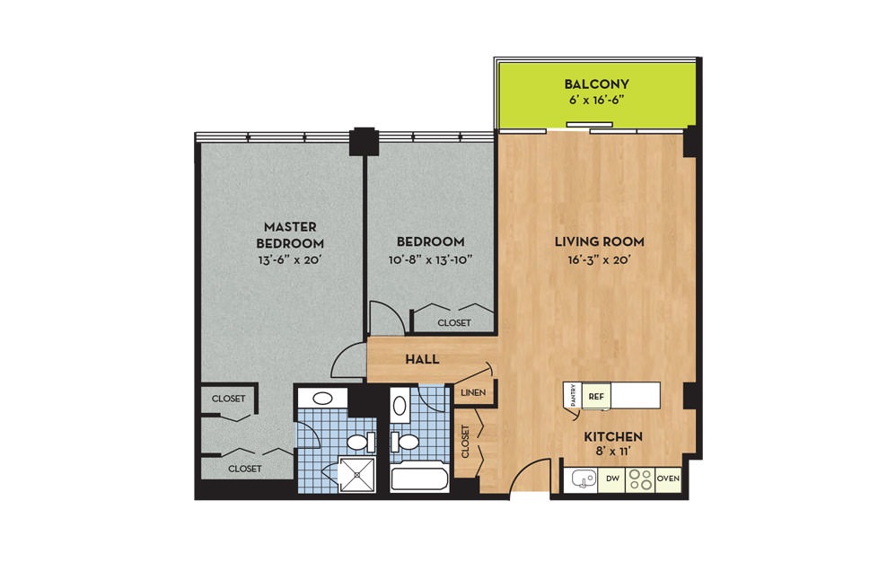 Apartment M - 2 bedroom floorplan layout with 2 baths and 1186 square feet.